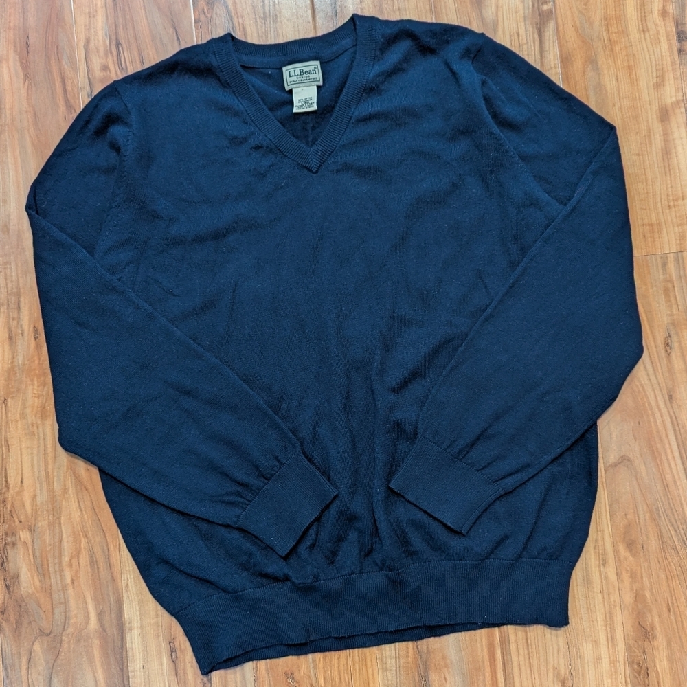 L.L. Bean Cashmere Cotton Blend Navy Blue V-Neck Men's Large Pullover Sweater‎